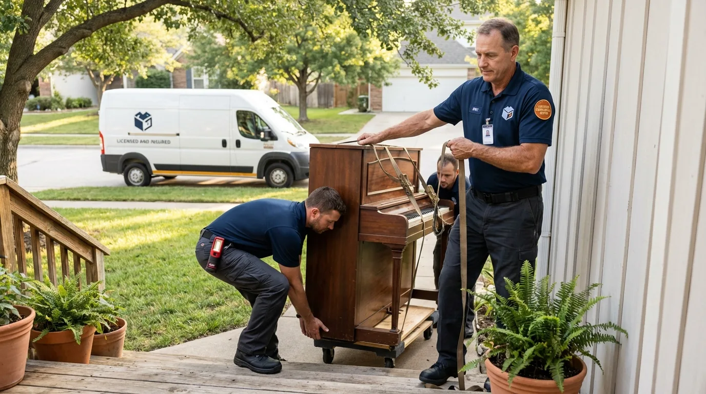 Licensed piano movers securing grand piano in Springfield, OR