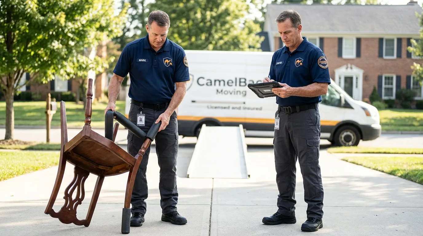 Movers inspecting furniture for damage prevention before loading in Springfield, OR