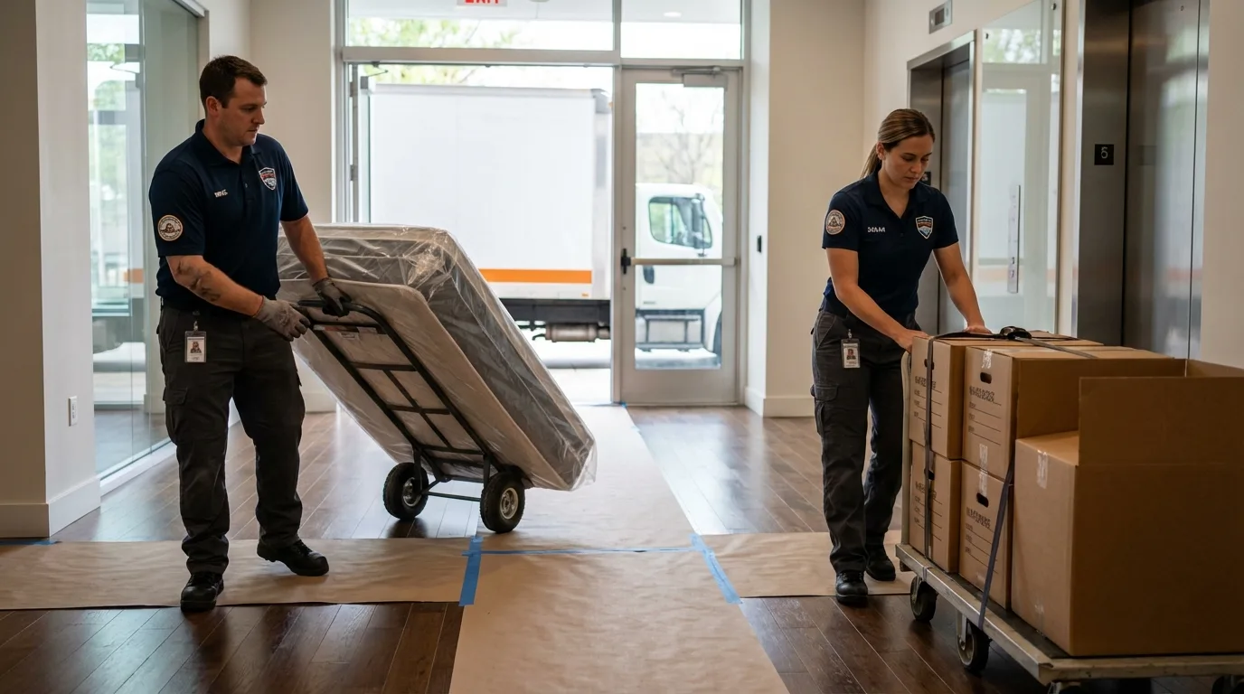 Professional apartment movers loading elevator in Springfield, OR